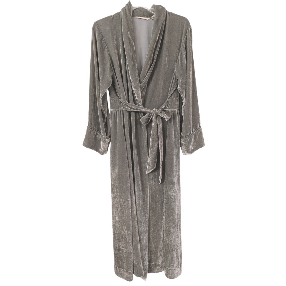 Soft Surroundings Gray Silk Blend  Crushed Velvet Wrap Robe Long Pockets XS